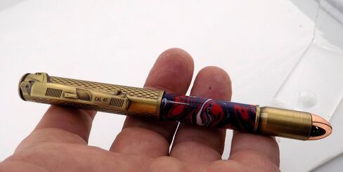 Handmade 45 Caliber themed ballpoint pen. Brass trim. Blue, red and white acrylic. Clicks to open. in Saudi Arabia
