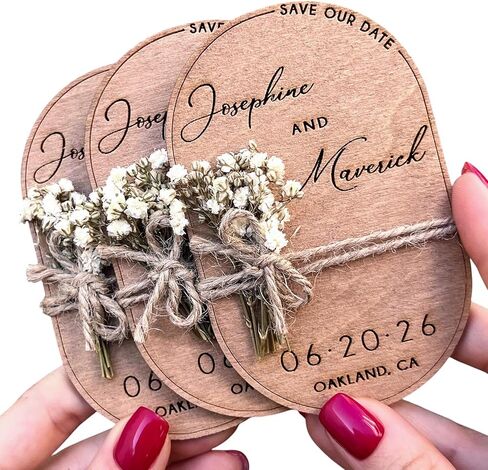 Pack of Wooden-Floral Save The Dates for Weddings Magnets with Envelopes - Wooden Save The Date Magnets - Magnetic & 100% Birch Wood for Wedding in Saudi Arabia