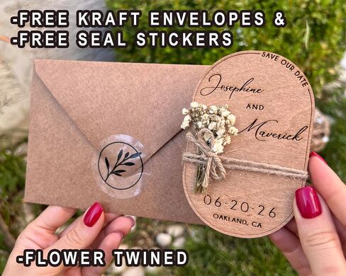 Pack of Wooden-Floral Save The Dates for Weddings Magnets with Envelopes - Wooden Save The Date Magnets - Magnetic & 100% Birch Wood for Wedding in Saudi Arabia