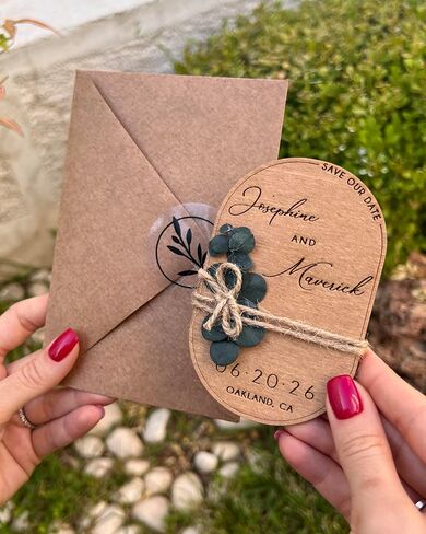 Pack of Wooden-Floral Save The Dates for Weddings Magnets with Envelopes - Wooden Save The Date Magnets - Magnetic & 100% Birch Wood for Wedding in Saudi Arabia