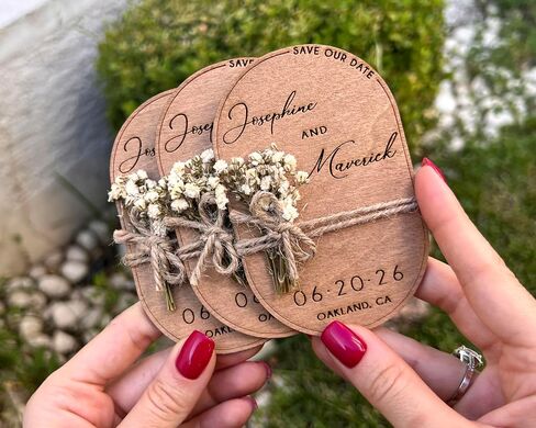 Pack of Wooden-Floral Save The Dates for Weddings Magnets with Envelopes - Wooden Save The Date Magnets - Magnetic & 100% Birch Wood for Wedding in Saudi Arabia