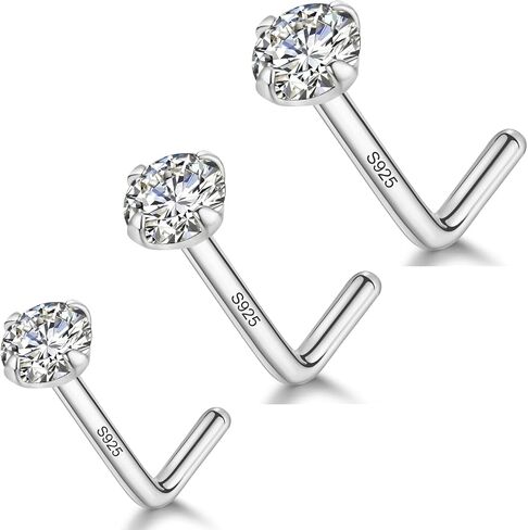 LUCKYJEWUS 3Pcs 925 Sterling Silver Nose Rings Studs Set, 18G/20G/22G L Shaped CZ Diamond Nose Studs for Women & Men, 2mm 2.5mm 3mm Hypoallergenic Nose Piercing Jewelry in Saudi Arabia