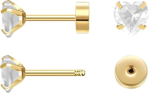 Heart Flat Back Stud Earrings 5mm Tiny Hypoallergenic Screw Back Earrings for Women, Handmade Birthstone Earrings 14k Gold CZ Earrings for Her in Kuwait
