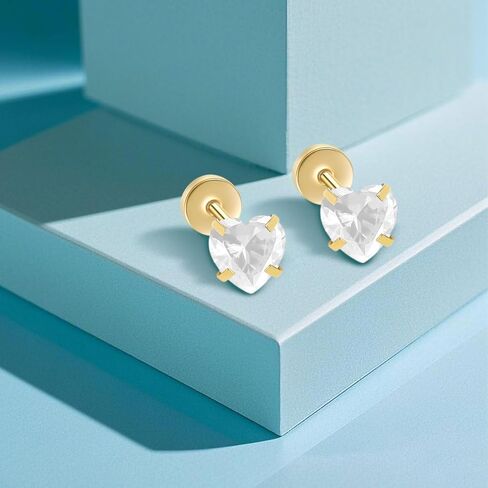 Heart Flat Back Stud Earrings 5mm Tiny Hypoallergenic Screw Back Earrings for Women, Handmade Birthstone Earrings 14k Gold CZ Earrings for Her in Kuwait