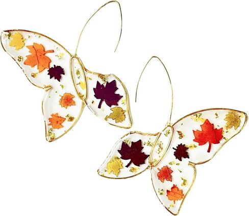 Natural Red Maple Leaf Earrings, Fall Fashion Jewelry, Bohemian Boho Style Large Butterfly Drop Dangle Pressed Flower Resin Earrings for Women Girls in Saudi Arabia