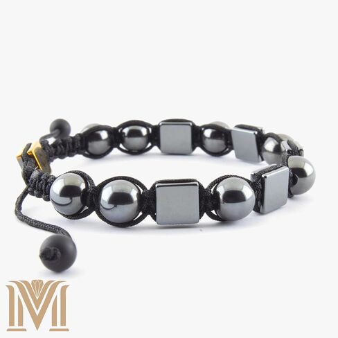 Handmade Adjustable Hematite Bracelet, Metallic Gray Beads, Black Cord, Minimalist Unisex Design Rectangular Beaded Macrame – Handmade Men’s Bracelet – Gift for Him or Her in Saudi Arabia