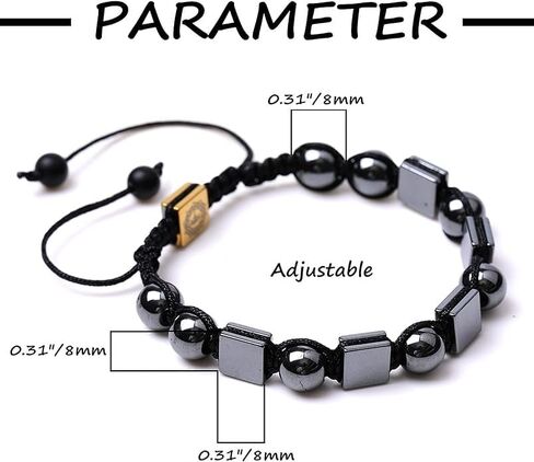 Handmade Adjustable Hematite Bracelet, Metallic Gray Beads, Black Cord, Minimalist Unisex Design Rectangular Beaded Macrame – Handmade Men’s Bracelet – Gift for Him or Her in Saudi Arabia