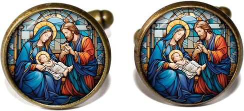 Christmas Faux Stained Glass Style Nativity - Handmade ROUND Glass Metal Cuff LInks Cufflinks Gift for Him Dad in Saudi Arabia