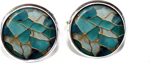 أزرار أكمام معدنية بتصميم Kintsugi صناعي باللون الفيروزي - مصنوعة يدويًا من الزجاج الدائري المعدني، أزرار أكمام هدية للأب in Saudi Arabia