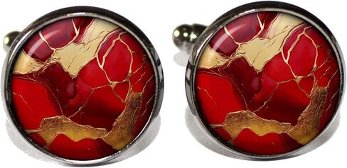 Japanese Pattern Faux Style Kintsugi Red Gold - Handmade ROUND Glass Metal Cuff LInks Cufflinks Gift for Him Dad in Saudi Arabia