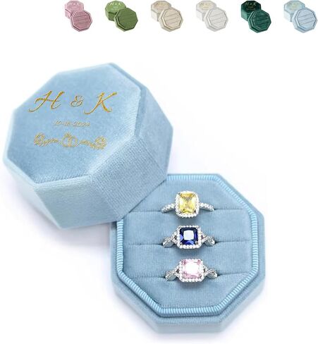 Custom Name Ring Box for Women Girlfriend Three Slots Octagonal Velvet Ring Display Holder Case for Engagement Birthday Anniversary (Army Green) in Kuwait