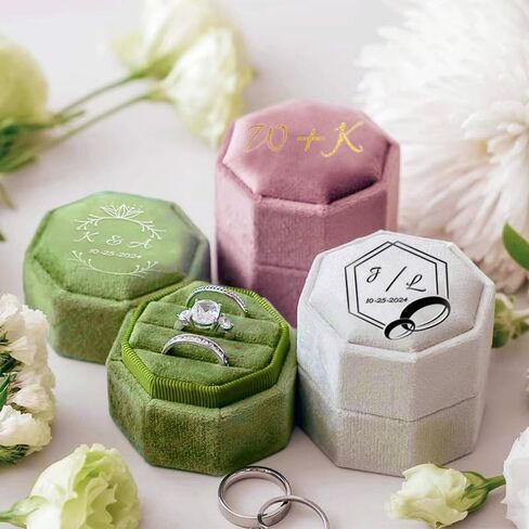 Custom Name Ring Box for Women Girlfriend Three Slots Octagonal Velvet Ring Display Holder Case for Engagement Birthday Anniversary (Army Green) in Kuwait