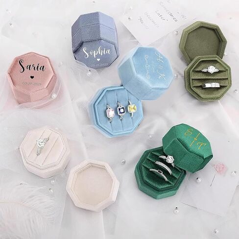 Custom Name Ring Box for Women Girlfriend Three Slots Octagonal Velvet Ring Display Holder Case for Engagement Birthday Anniversary (Army Green) in Kuwait