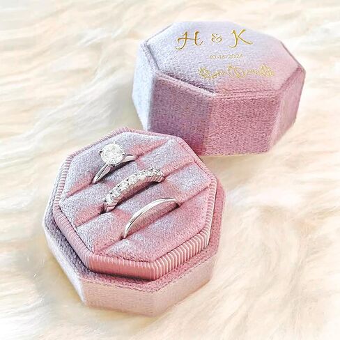 Custom Name Ring Box for Women Girlfriend Three Slots Octagonal Velvet Ring Display Holder Case for Engagement Birthday Anniversary (Army Green) in Kuwait