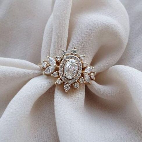 Silvart 2 Ct Oval Cut Cluster Diamond Halo Vintage Style Cocktail Engagement Ring For Women 14K Yellow Gold Plated Bridal Cocktail Wedding Ring 925 Sterling Silver Handmade Lovely Christmas Jewelry in Saudi Arabia