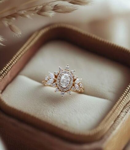 Silvart 2 Ct Oval Cut Cluster Diamond Halo Vintage Style Cocktail Engagement Ring For Women 14K Yellow Gold Plated Bridal Cocktail Wedding Ring 925 Sterling Silver Handmade Lovely Christmas Jewelry in Saudi Arabia