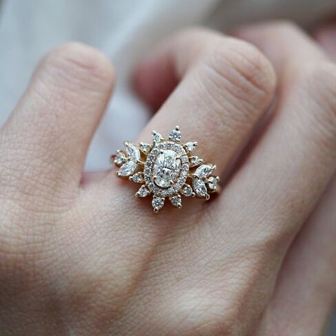 Silvart 2 Ct Oval Cut Cluster Diamond Halo Vintage Style Cocktail Engagement Ring For Women 14K Yellow Gold Plated Bridal Cocktail Wedding Ring 925 Sterling Silver Handmade Lovely Christmas Jewelry in Saudi Arabia