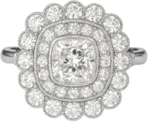 Silvart 2 Ct Cushion Diamond Art Deco Cluster Edwardian Engagement Rings For Women 14K White Gold Plated Double Halo Milgrain Bridal Ring 925 Sterling Silver Handmade Personalized Victorian Jewelry in Saudi Arabia