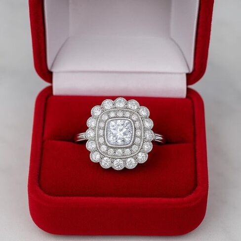 Silvart 2 Ct Cushion Diamond Art Deco Cluster Edwardian Engagement Rings For Women 14K White Gold Plated Double Halo Milgrain Bridal Ring 925 Sterling Silver Handmade Personalized Victorian Jewelry in Saudi Arabia