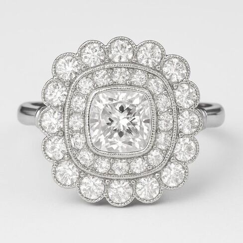 Silvart 2 Ct Cushion Diamond Art Deco Cluster Edwardian Engagement Rings For Women 14K White Gold Plated Double Halo Milgrain Bridal Ring 925 Sterling Silver Handmade Personalized Victorian Jewelry in Saudi Arabia
