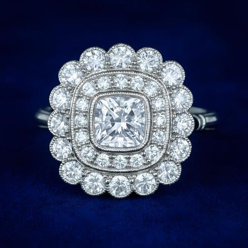 Silvart 2 Ct Cushion Diamond Art Deco Cluster Edwardian Engagement Rings For Women 14K White Gold Plated Double Halo Milgrain Bridal Ring 925 Sterling Silver Handmade Personalized Victorian Jewelry in Saudi Arabia
