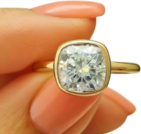 Silvart 1.50 Ct Cushion Diamond Solitaire Ring Classic Bezel Set Comfort Fit Engagement Ring 925 Sterling Silver Handmade Anniversary Ring For Women 14K Yellow Gold Plated Personalized Gift For Her in Saudi Arabia