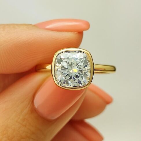 Silvart 1.50 Ct Cushion Diamond Solitaire Ring Classic Bezel Set Comfort Fit Engagement Ring 925 Sterling Silver Handmade Anniversary Ring For Women 14K Yellow Gold Plated Personalized Gift For Her in Saudi Arabia