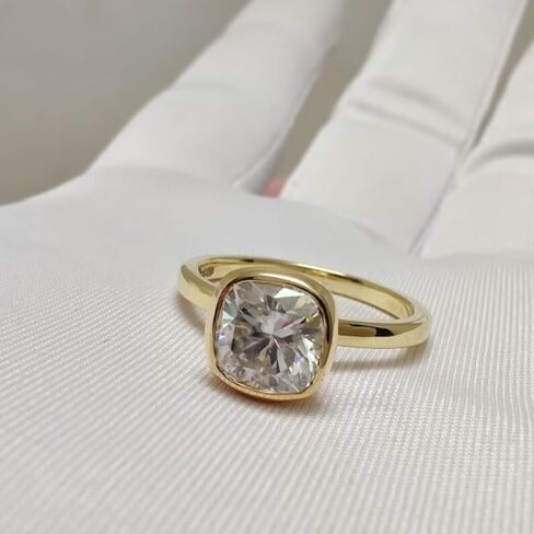 Silvart 1.50 Ct Cushion Diamond Solitaire Ring Classic Bezel Set Comfort Fit Engagement Ring 925 Sterling Silver Handmade Anniversary Ring For Women 14K Yellow Gold Plated Personalized Gift For Her in Saudi Arabia