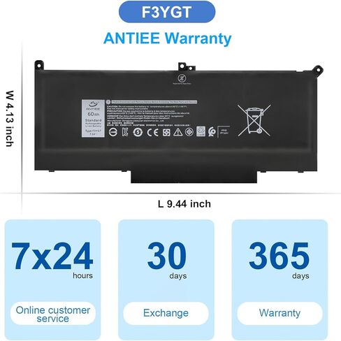 ANTIEE F3YGT بطارية كمبيوتر محمول لديل خط العرض 12 7000 7280 7290/13 7000 7380 7390/14 7000 7490 7480 P28S P28S001 P73G P73G002 سلسلة DM6WC DM3WC 2X39G KG7VF 451-BBYE 453- BBCF 60Wh 7.6V 4 خلايا in Kuwait