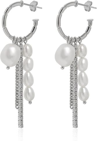 Meissa Silver Hoop Earrings for Women Pearl Long Earrings Chain Earrings Freshwater Pearl Earrings Christmas Birthday Anniversary Jewelry Gifts in Saudi Arabia