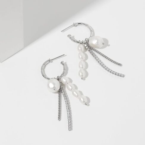 Meissa Silver Hoop Earrings for Women Pearl Long Earrings Chain Earrings Freshwater Pearl Earrings Christmas Birthday Anniversary Jewelry Gifts in Saudi Arabia
