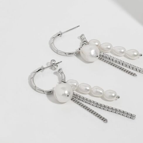 Meissa Silver Hoop Earrings for Women Pearl Long Earrings Chain Earrings Freshwater Pearl Earrings Christmas Birthday Anniversary Jewelry Gifts in Saudi Arabia