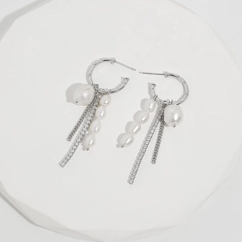 Meissa Silver Hoop Earrings for Women Pearl Long Earrings Chain Earrings Freshwater Pearl Earrings Christmas Birthday Anniversary Jewelry Gifts in Saudi Arabia