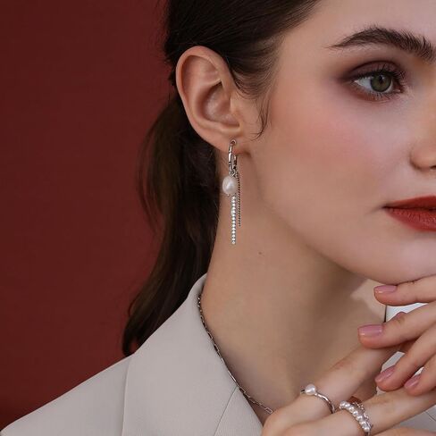 Meissa Silver Hoop Earrings for Women Pearl Long Earrings Chain Earrings Freshwater Pearl Earrings Christmas Birthday Anniversary Jewelry Gifts in Saudi Arabia