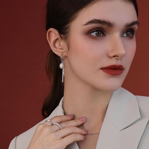Meissa Silver Hoop Earrings for Women Pearl Long Earrings Chain Earrings Freshwater Pearl Earrings Christmas Birthday Anniversary Jewelry Gifts in Saudi Arabia