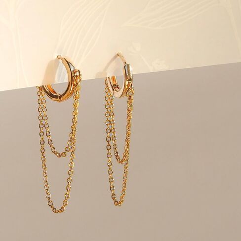 Handmade Gold Hoop Earrings with Chains – Dangle Huggie Earrings for Women – Bridal Shower Gift, Bridesmaid Jewelry, Vintage Wedding Accessories in Saudi Arabia