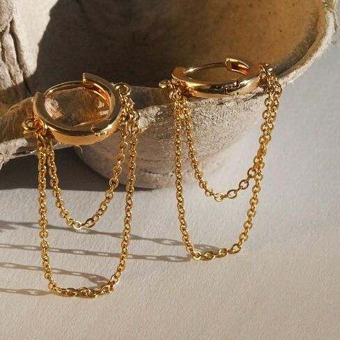 Handmade Gold Hoop Earrings with Chains – Dangle Huggie Earrings for Women – Bridal Shower Gift, Bridesmaid Jewelry, Vintage Wedding Accessories in Saudi Arabia