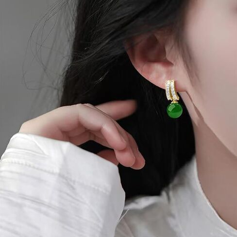 MRW Jade Huggie Hoop Earrings For Women 925 Sterling Silver Gold Plated Green Stone with CZ Accents in Saudi Arabia