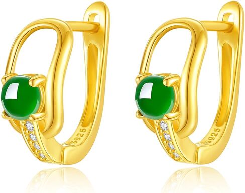 MRW Jade Huggie Hoop Earrings For Women 925 Sterling Silver Gold Plated Green Stone with CZ Accents in Saudi Arabia
