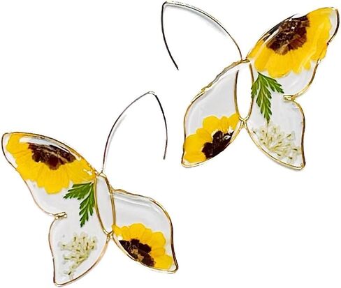 Butterfly Pressed Flower Earrings, Natural Green Fern Leaf/Yellow Daisy/Red Maple Leaf Earrings, Bohemian Boho Style Large Drop Dangle Resin Earrings for Women Girls (Yellow Daisy (Summer)) in Saudi Arabia