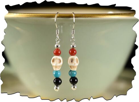 Dream Store Sterling Silver Skull Dangle Earrings – Genuine Coral, Turquoise, Onyx & Howlite – Artisan Handmade 925 Jewelry in Saudi Arabia