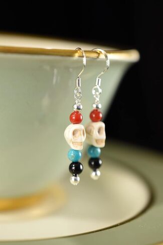 Dream Store Sterling Silver Skull Dangle Earrings – Genuine Coral, Turquoise, Onyx & Howlite – Artisan Handmade 925 Jewelry in Saudi Arabia
