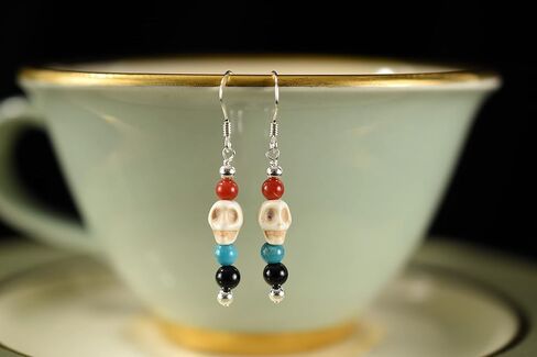 Dream Store Sterling Silver Skull Dangle Earrings – Genuine Coral, Turquoise, Onyx & Howlite – Artisan Handmade 925 Jewelry in Saudi Arabia