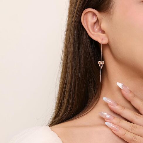 Meissa Sterling Silver Threader Chain Dangle Earrings for Women Girls Comfortable Hypoallergenic Bow Silver Earrings Rose Gold Plated Chain Earrings in Saudi Arabia