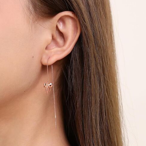 Meissa Sterling Silver Threader Chain Dangle Earrings for Women Girls Comfortable Hypoallergenic Bow Silver Earrings Rose Gold Plated Chain Earrings in Saudi Arabia
