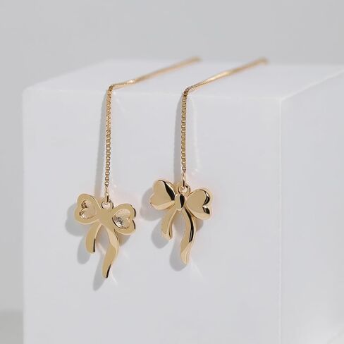 Meissa Sterling Silver Threader Chain Dangle Earrings for Women Girls Comfortable Hypoallergenic Bow Silver Earrings Rose Gold Plated Chain Earrings in Saudi Arabia