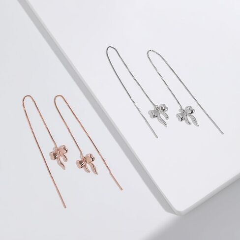 Meissa Sterling Silver Threader Chain Dangle Earrings for Women Girls Comfortable Hypoallergenic Bow Silver Earrings Rose Gold Plated Chain Earrings in Saudi Arabia