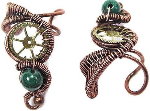 Malachite and Bronze Steampunk Ear Cuff; Non-pierced Earring in Saudi Arabia