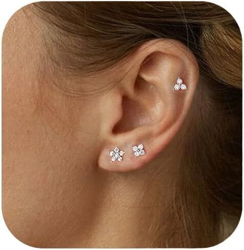 Gold Stud Earrings for Women,Hypoallergenic Surgical Stainless Steel Earring for Cartilage Tragus Helix,3 Pairs Small Tiny Cubic Zirconia Jacket Studs Earring Stack for Multiple Piercing in Saudi Arabia