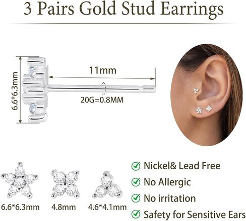 Gold Stud Earrings for Women,Hypoallergenic Surgical Stainless Steel Earring for Cartilage Tragus Helix,3 Pairs Small Tiny Cubic Zirconia Jacket Studs Earring Stack for Multiple Piercing in Saudi Arabia